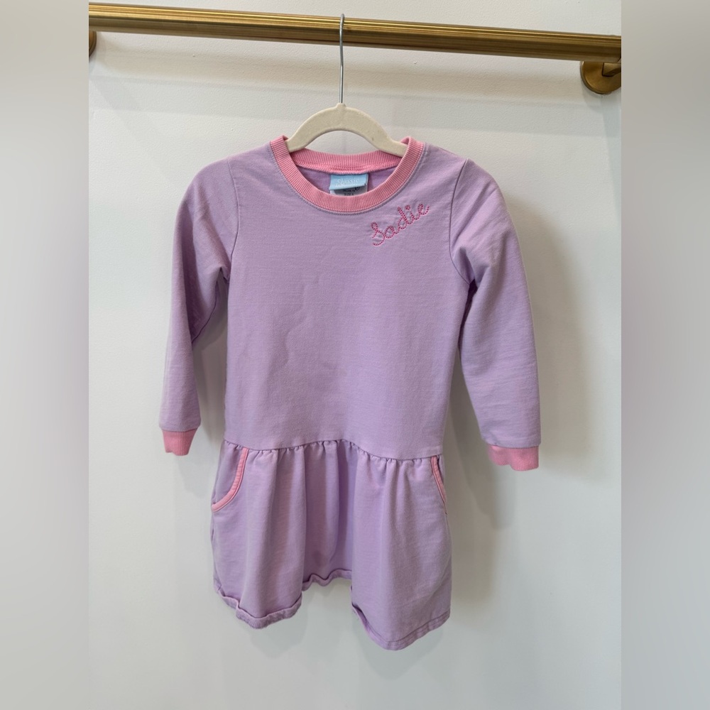 Classic Whimsy Lavender Sweatshirt Dress | Pink Trim | Size 5 (Monogram Sadie)